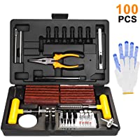 SHYOSUCCE 100pcs Kit de Reparación de Neumáticos con Manómetro y Guantes- Kit de reparación de Pinchazos con Autos…